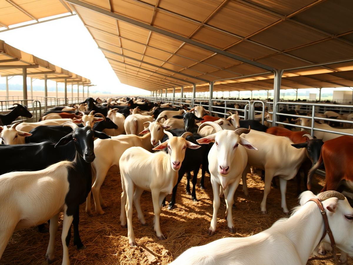 Goats and cattle resting under shade in a clean, well-managed feedlot