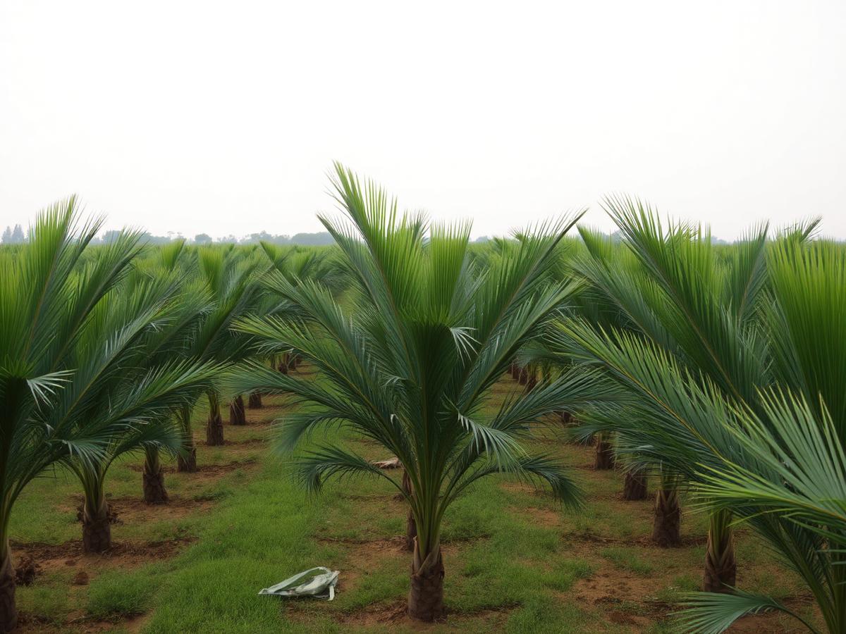 Rows of young oil palm trees in a neatly managed plantation