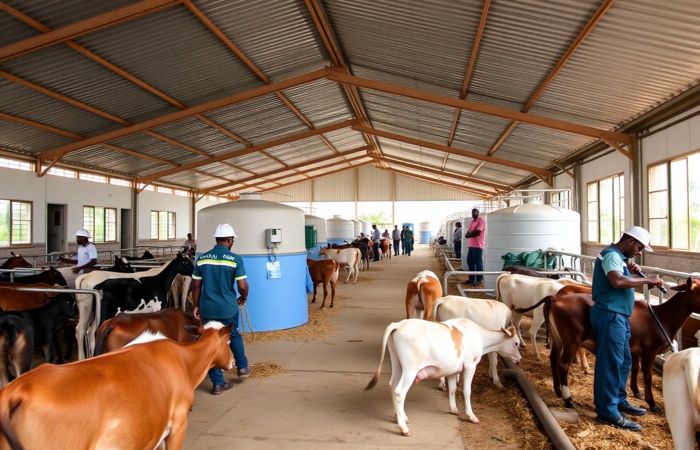 Staff tending cattle inside a shared, covered agricultural facility centre